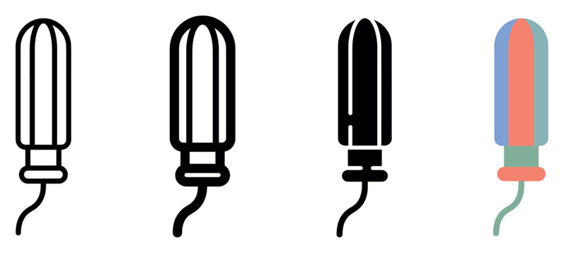 Tampon vector icon set for feminine hygiene presenting outline, silhouette, and colored graphic symbols for menstrual cycle healthcare and personal protection