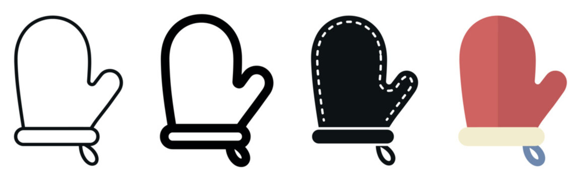 Kitchen oven mitt icons for culinary baking displayed in thin line, bold outline, glyph, and flat color design styles