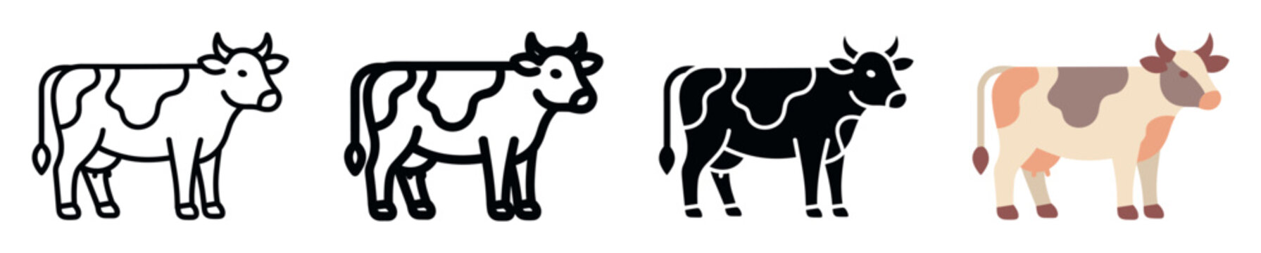 Cow icons in outline silhouette and color set representing dairy cattle livestock farming agriculture and milk production symbols for graphic design