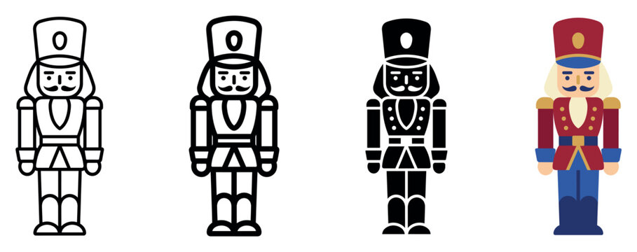 Nutcracker soldier toy figurine vector icon set featuring outline bold silhouette and colorful graphic styles for seasonal winter holiday decoration