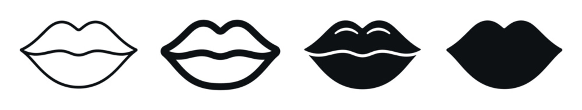 Lips icon set in four graphic styles featuring thin outline, bold stroke, shaded, and solid silhouette designs for beauty, cosmetic, romance, or kissing concepts