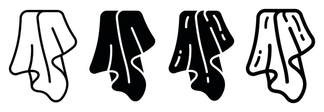Hanging towel icon set in different styles showing outline and glyph versions of folded kitchen napkins and bathroom cloths for domestic housekeeping design