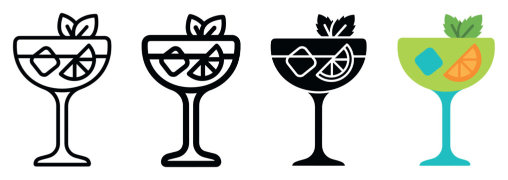 Cocktail drink glass icons with citrus slice, mint leaves, and ice cube presented in thin line, bold outline, silhouette, and colorful graphic styles for beverage menu design