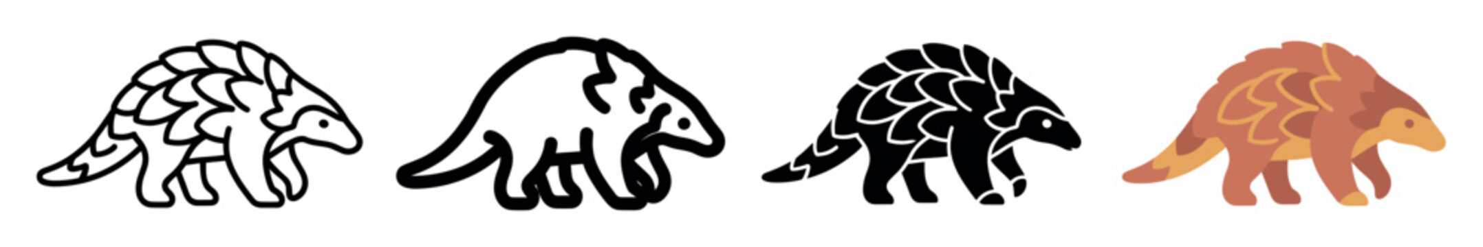 Pangolin icon set in four different styles featuring detailed outline, minimal line art, black silhouette, and colorful flat design illustration of wild scaly anteater