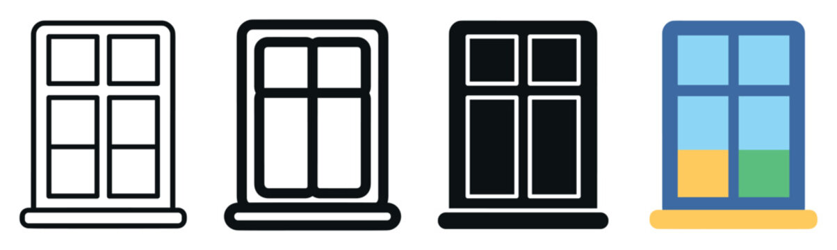 Window frame icon set in various styles featuring outline, linear, solid glyph, and colorful flat design symbols for architectural and home renovation graphic projects