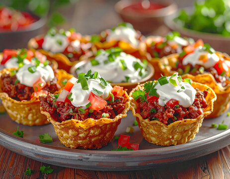 Mini beef taco cups with sour cream and salsa, party platter. AI