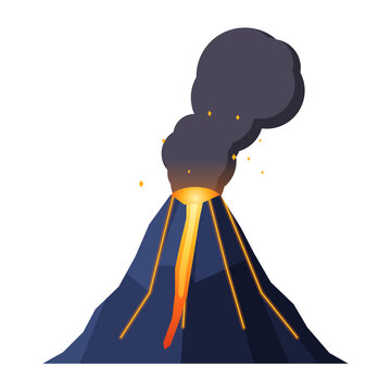 Dark volcano with glowing magma cracks and ash cloud, flat illustration