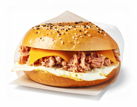 Tuna, cheese and egg breakfast bagel, white background. AI