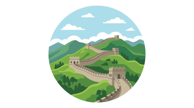 Flat design vector illustration of the Great Wall of China winding through rolling green hills and mountains with watchtowers under a blue sky with white clouds in a circular frame.