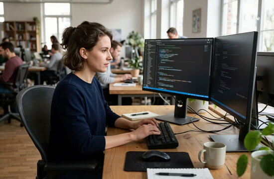 Female technology employee coding at a computer in an office. Everyday professional work and personal activity