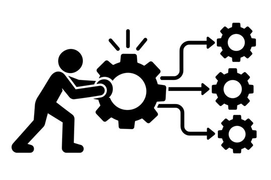 Stick Figure Activating a Large Gear Connected to Smaller Gears Representing Workflow Automation and Efficiency