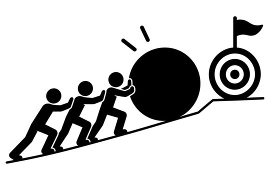 Three Stick Figures Pushing a Large Circle Toward a Target Representing Shared Goals and Teamwork