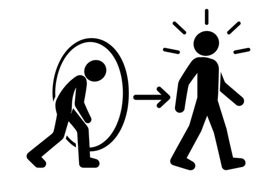 stick figure moving through a circular frame into a taller geometric silhouette Representing Personal Transformation and Self Improvement