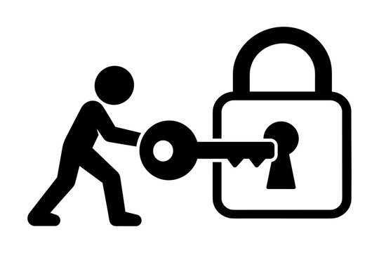 Stick Figure Inserting a Key into a Digital Lock Representing Password Security and Account Protection