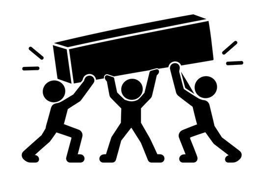 Three Stick Figures Lifting a Large Block Together Representing Teamwork and Collaboration