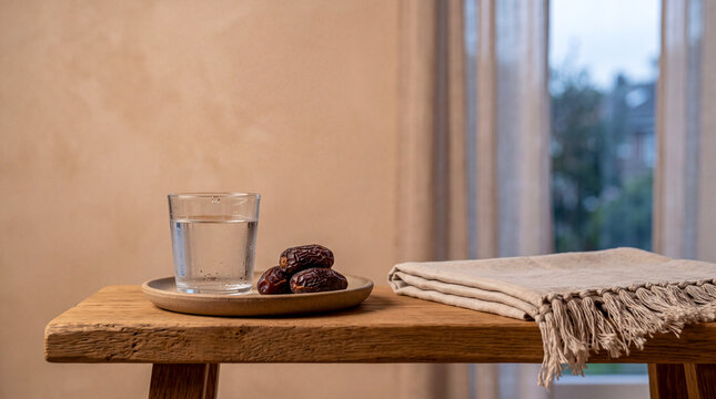 A glass of water and dried dates on a plate next to a folded prayer rug on a rustic wooden table for breaking the fast during Ramadan