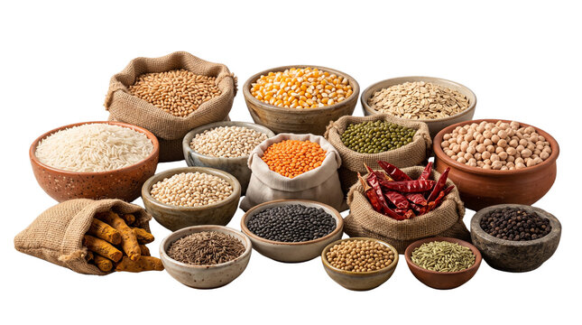 Assorted organic grains and pulses in rustic bowls, collection of healthy legumes and spices in burlap sacks, variety of dry food staples isolated PNG with Transparent Background