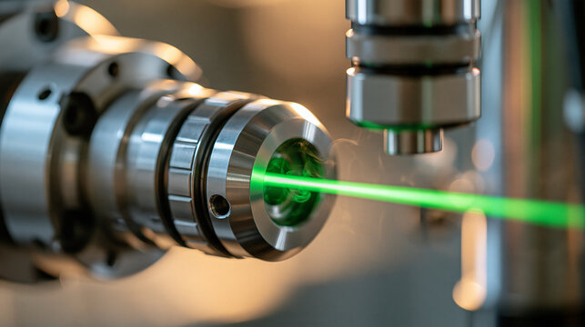 Macro view of a precision laser marking system engraving a metallic machine component, focused green beam and subtle smoke highlighting the surface, industrial laser engraving,