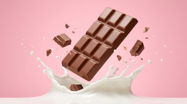 A delicious chocolate bar splashing into milk with pieces breaking off. The backdrop is a soft pink, creating a sweet and tempting visual