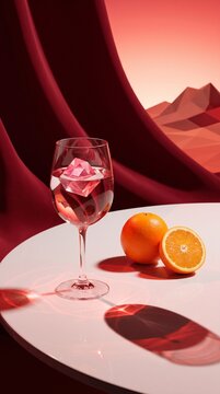A refreshing glass of pink liquid with ice, accompanied by a whole and halved orange on a white table, with a dramatic red drape and mountainous backdrop