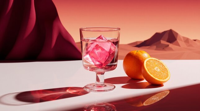 A vibrant still life featuring a glass of chilled water with a ruby-like ice cube, a whole orange, and a sliced orange, set against a surreal desert landscape backdrop