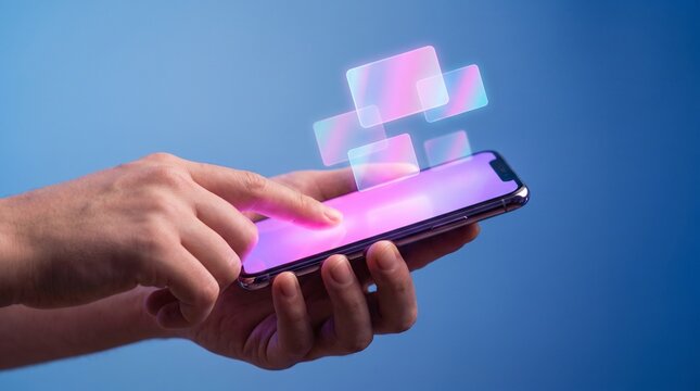 Hand holding a smartphone with holographic interface on blue background