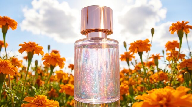A luxurious bottle of perfume stands tall amidst a field of vibrant marigolds under a bright, cloud-filled sky. The perfume bottle has a shimmering, iridescent liquid inside and a rose-gold cap.