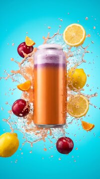 A can of orange soda surrounded by plum and lemon slices with splashing water.