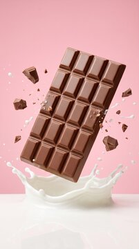 A delicious chocolate bar breaking apart and falling into a splash of milk against a pastel pink background. The chocolate has many squares and is rich brown in color