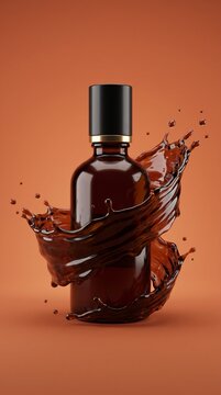 A dark brown glass bottle with a black cap is captured mid-splash with a rich brown liquid against a warm orange background. The dynamic splash surrounds the bottle, suggesting movement and essence.