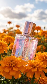 A clear glass perfume bottle with a rose gold cap, filled with iridescent glitter, sits amidst a field of vibrant orange marigolds under a bright sky