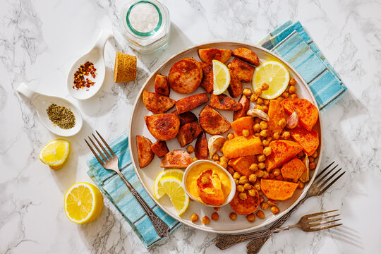  fried sliced sausage with baked sweet potato