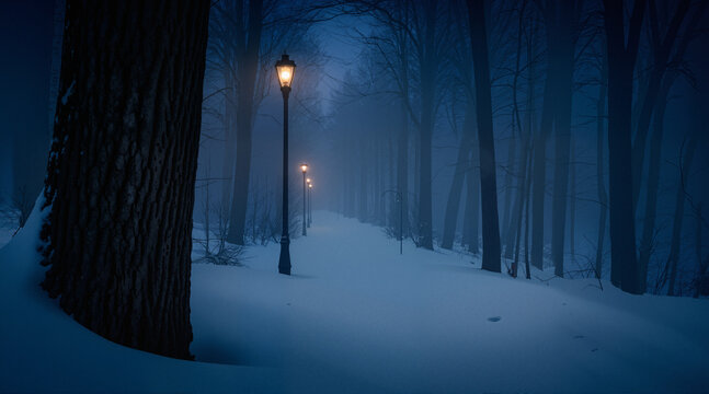 Winter forest with snow. Blue bare trees landscape. Festive holiday background. Flat vector style.
