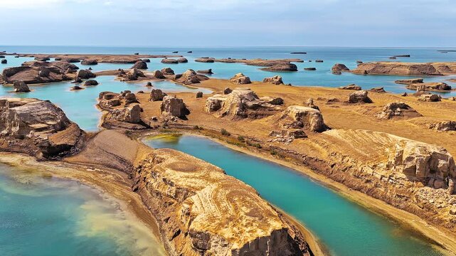 High angle shot displays the unique yardang landforms rising above turquoise waters at Wusute Yadan Geological Park under a clear sky.