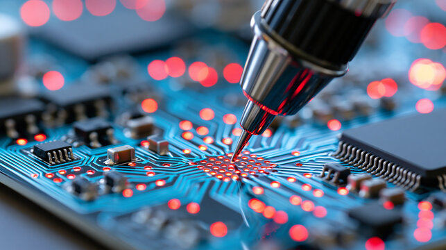 Precision laser soldering tool working on a printed circuit board, tiny illuminated contact points and delicate electronic components visible in macro detail, electronics