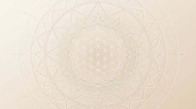 Intricate sacred geometry mandala featuring flower of life pattern in warm beige tones