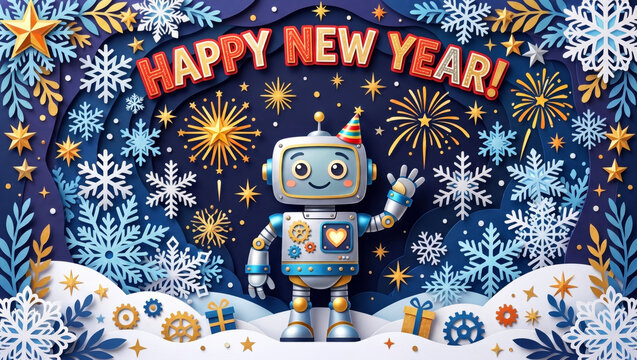 Papercut style cartoon robot with layered stars and snowflakes for new year greeting