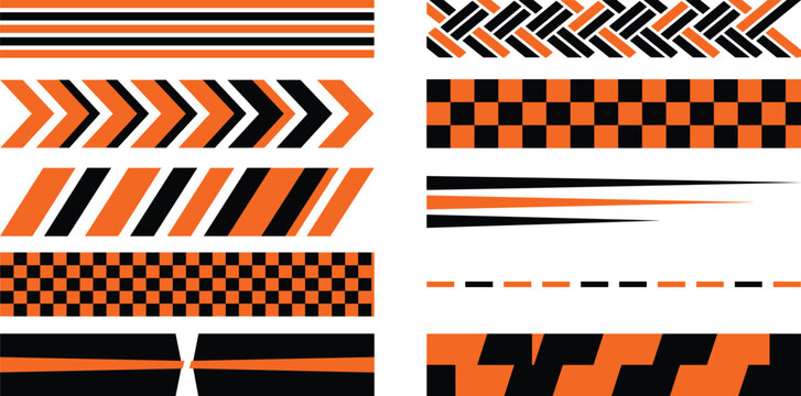Orange and black race decals set featuring stripe patterns for vehicle graphic design use