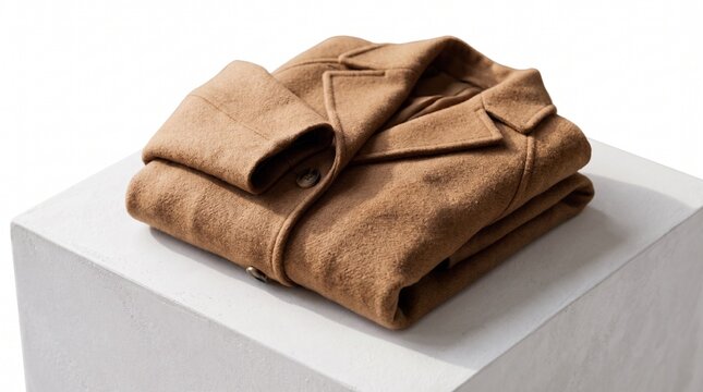 A neatly folded brown woolen jacket with a collar and sleeves is displayed on a white pedestal, suggesting a fashion or retail context