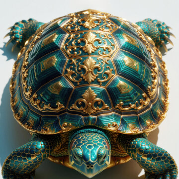 Ornate teal sea turtle with intricate gold patterns on shell. Majestic mythical creature features luxury baroque design, shiny metallic textures. Beautiful aquatic animal illustration shows detailed