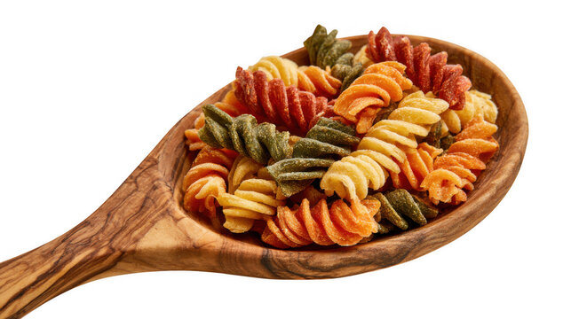 Colorful fusilli pasta in a wooden spoon ready for delicious Italian cooking.