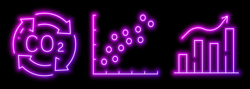 Three neon icons featuring co2 emissions reduction concept with recycling arrows illustration; scatter plot graph with increasing data points illustration