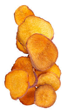 Crispy roasted sweet potato chips with sea salt, isolated on white background. Healthy and crunchy natural vegetable snack. Clipping path.