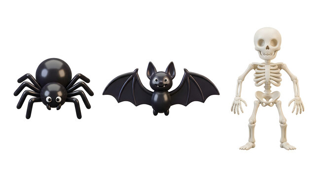 A spooky halloween collection featuring a black spider a dark bat and a small plastic skeleton figure for festive decorations