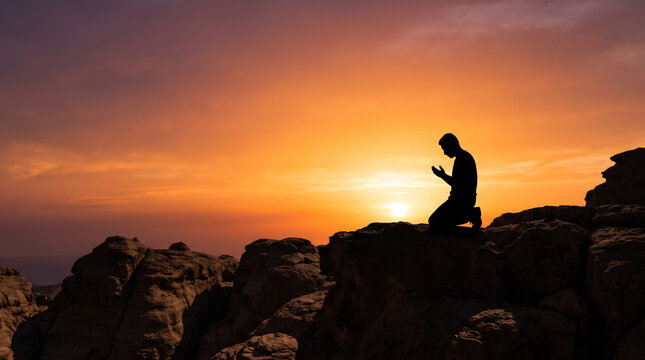 Silhouette of Muslim Man Praying on Mountain Cliff During Vibrant Sunset. Concept of prayer, namaz. Copy space.