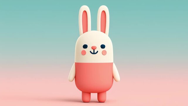 Cute cartoon bunny dancing happily and bouncing rhythmically, swinging arms on a pastel gradient background while smiling cheerfully in playful 3d style
