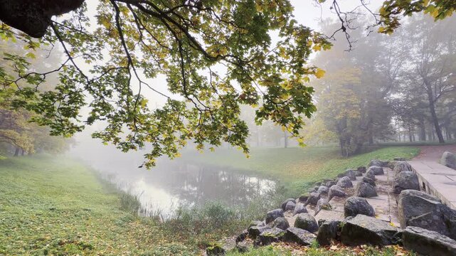 A granite cascade sits beside calm water in Catherine Park, Pushkin, Saint Petersburg. Maple branches hang overhead in thick mist, bringing a peaceful and serene feeling.