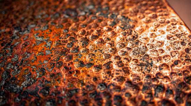 extreme close up of hammered aged copper range hood surface displaying organic dimpled textures and natural oxidation patinas illuminated by warm glowing directional lighting