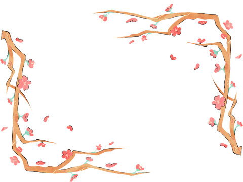 Pink cherry blossom branch corner border frame