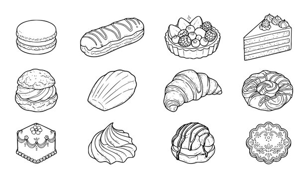 Elegant Patisserie and French Dessert Monochrome Line Art Vector Icon Collection